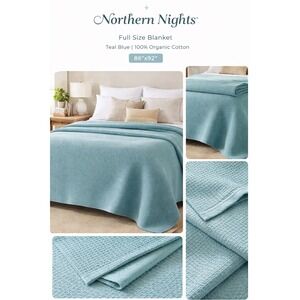 Northern Nights‎ Full Size Blanket Teal Blue 100% Organic Cotton 86x92 H226838